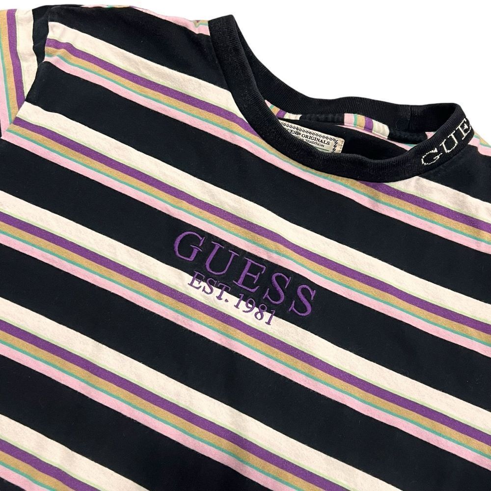 Vintage Guess Shirt Size Small Purple Black Short Sleeve Tee Adult Striped